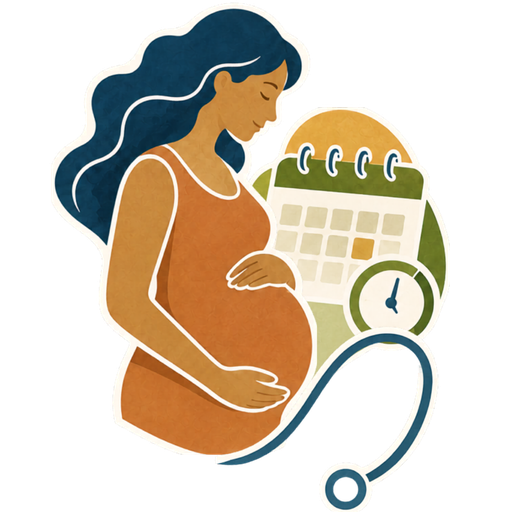 Ilustração de gestante com calendário — módulo de pré-natal